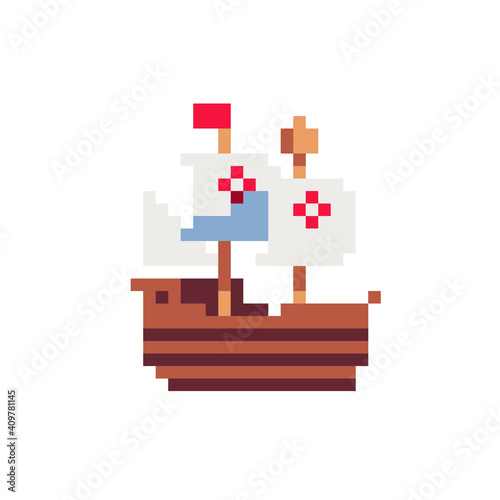 Pirate wooden ship icon. Pixel art style. Sailing boat. Old school computer graphic design. 8-bit. Isolated vector illustration. Game assets.