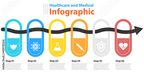 Vector circle chart infographic template with arrow for cycle diagram, graph, web design. Medical healthcare concept with 6 steps, options or parts. Abstract background.