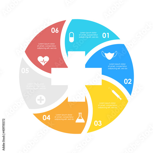 Vector circle chart infographic template for cycle diagram, graph, web design. Medical healthcare concept with 6 steps, options or parts. Abstract background.