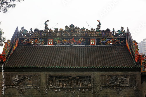 Beautiful colored sculptures on the roof, in an ancient ancestral hall, Guangzhou City, Guangdong Province, China
