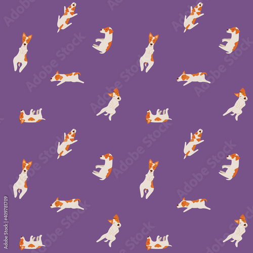 Seamles repeat pattern with sleeping dogs in different poses on purple background. Cute cartoon jack russell terriers. Vector illustration