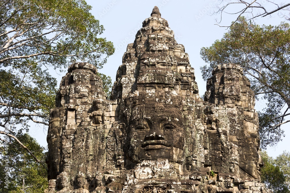 Angkor Thom Gate with Buddha Face in Angkor Wat, World Famous Khmer Buddhist Temple near Siem Reap, Cambodia