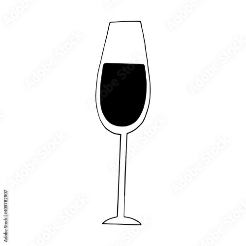 glass of wine icon, sticker. sketch hand drawn doodle style. monochrome minimalism. drink, alcohol, menu.