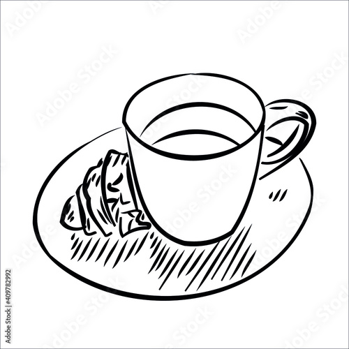 A mug of tea with a croissant. minimalism, graphics, hand drawing. coffee. Americano. french breakfast. bun. design for the kitchen. black and white drawing. vector eps 10