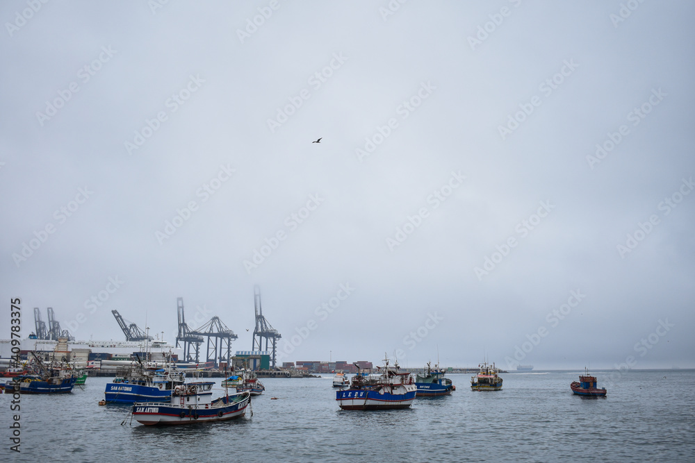 SAN ANTONIO. CHILE - JANUARY 22TH, 2021: A lot of boats on the sea in a cloudy day