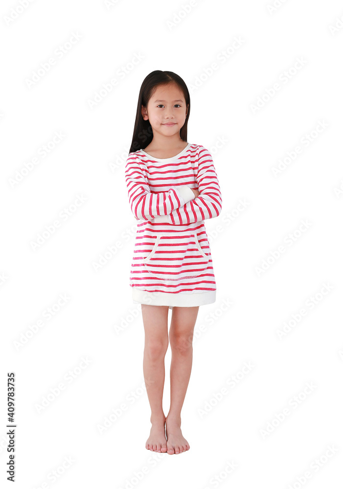 Smiling asian little kid girl with long hair crossed arms and standing isolated on white background. Full length Smiling asian little kid girl with long hair crossed arms and standing isolated on white background. Full length