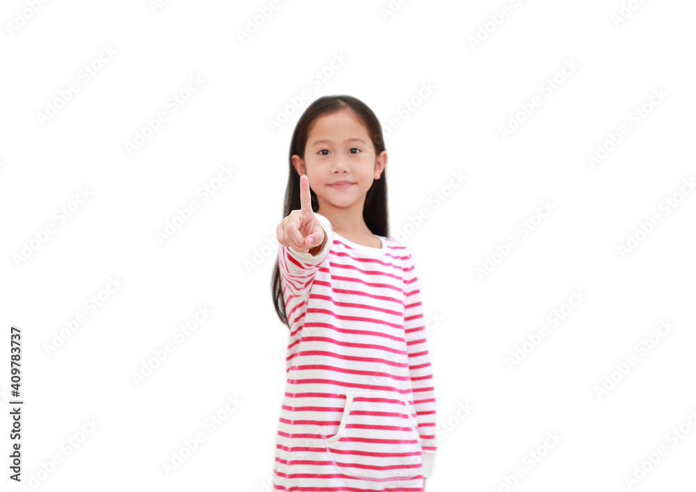 Asian little child point index finger pressing an imaginary button at front on white isolated background. Focus at forefinger Asian little child point index finger pressing an imaginary button at front on white isolated background. Focus at forefinger