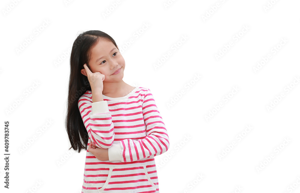 Asian little child thinking gesture and looking up on white isolated background with copy space Asian little child thinking gesture and looking up on white isolated background with copy space