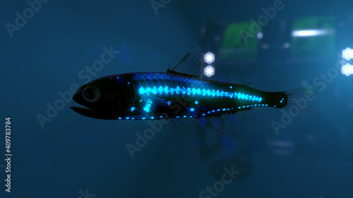 Deep Sea Lanternfish, 3D rendered, with a Remote Operated Vehicle (ROV) in background photo