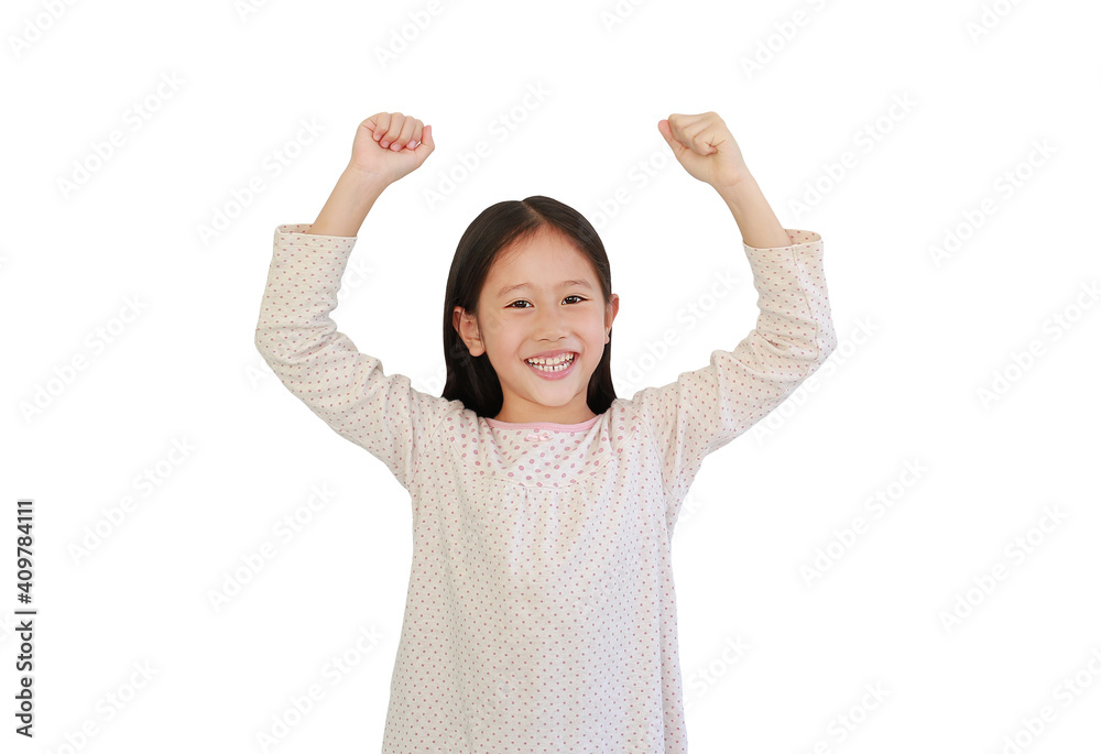 Portrait of smiling young Asian little child raised hands up on white isolated background with clipping path Portrait of smiling young Asian little child raised hands up on white isolated background with clipping path
