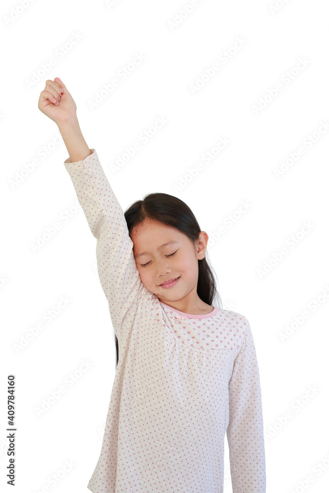 Asian little child girl stretch oneself on white isolated background Asian little child girl stretch oneself on white isolated background