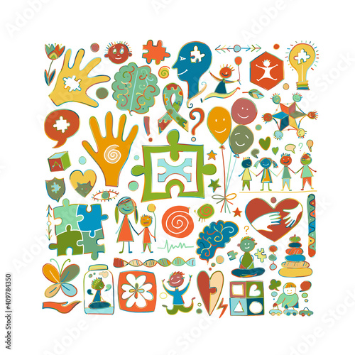 World autism awareness day. Colorful puzzle design. Symbol of autism. Sketch for your design