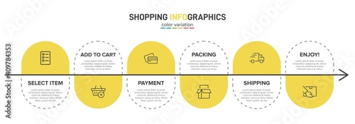 Concept of shopping process with 6 successive steps. Six colorful graphic elements. Timeline design for brochure, presentation, web site. Infographic design layout.