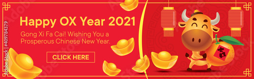 Chinese New Year 2021 with lantern banner. Cartoon cute Ox holding big tangerine orange with gold ingot falling down