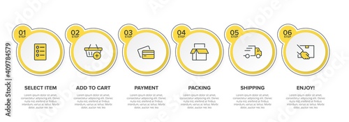 Concept of shopping process with 6 successive steps. Six colorful graphic elements. Timeline design for brochure, presentation, web site. Infographic design layout.