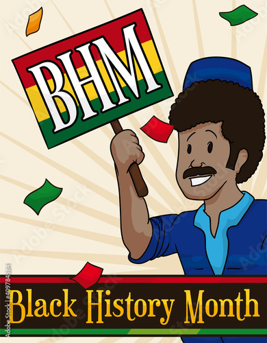 Happy Brunette Man with Sign Promoting Black History Month, Vector Illustration