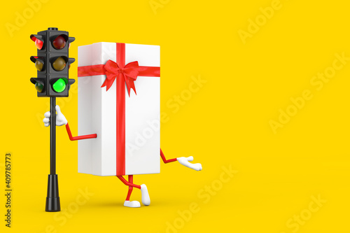 White Gift Box and Red Ribbon Character Mascot with Traffic Green Light. 3d Rendering photo