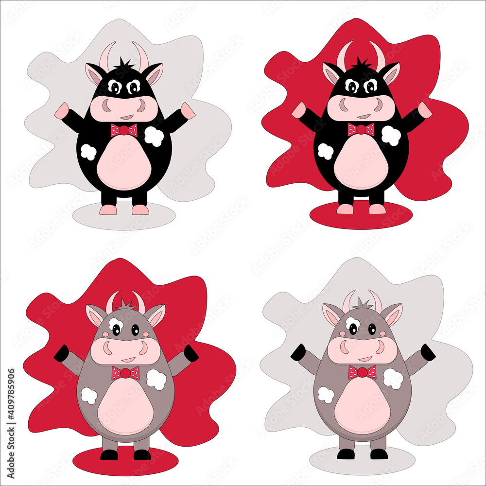 Collection of vector images of a bull. A good and evil bull. Black and brown bull on a red and gray background, in a bow tie. Vector in flat style. Collection of vector images of a bull. A good and evil bull. Black and brown bull on a red and gray background, in a bow tie. Vector in flat style.