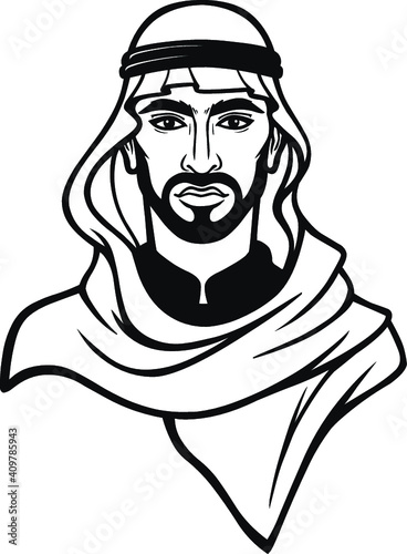Animation portrait of the Arab man in a traditional headdress. Monochrome drawing. The vector illustration isolated on a white background.