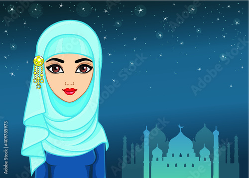 Arab night. Animation portrait of the beautiful girl in a hijab. A background - the night star sky, a palace silhouette. The place for the text. Vector illustration.