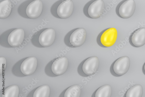 Illuminating Yellow Egg Between Rows of Gray Eggs on a Ultimate Gray. 3d Rendering