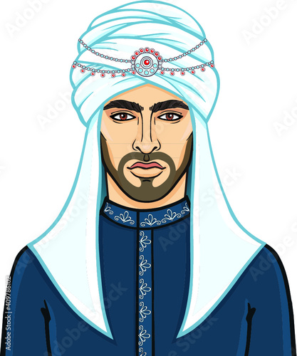 Portrait of the young attractive Arab man in a turban. The vector illustration isolated on a white background.