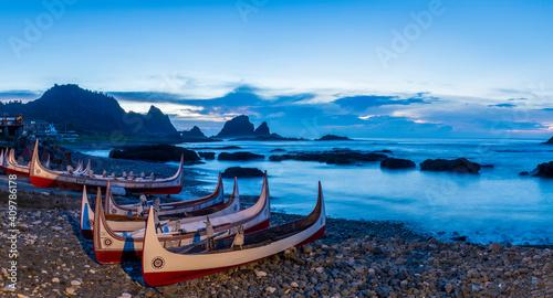 Canvas Print Aboriginal Canoe on the Beach of Lanyu at Sunrise, Taiwan