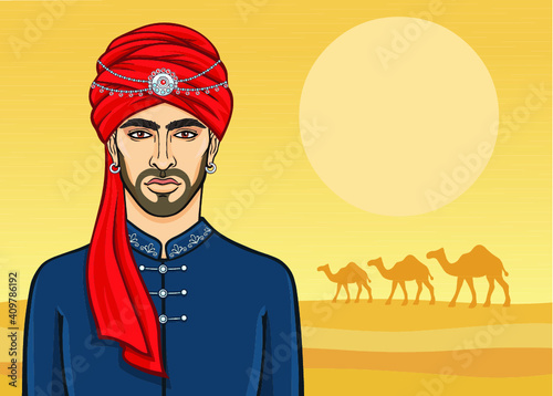 Animation portrait of the Arab man in a turban. Background - the desert, a caravan of camels. Vector illustration.
