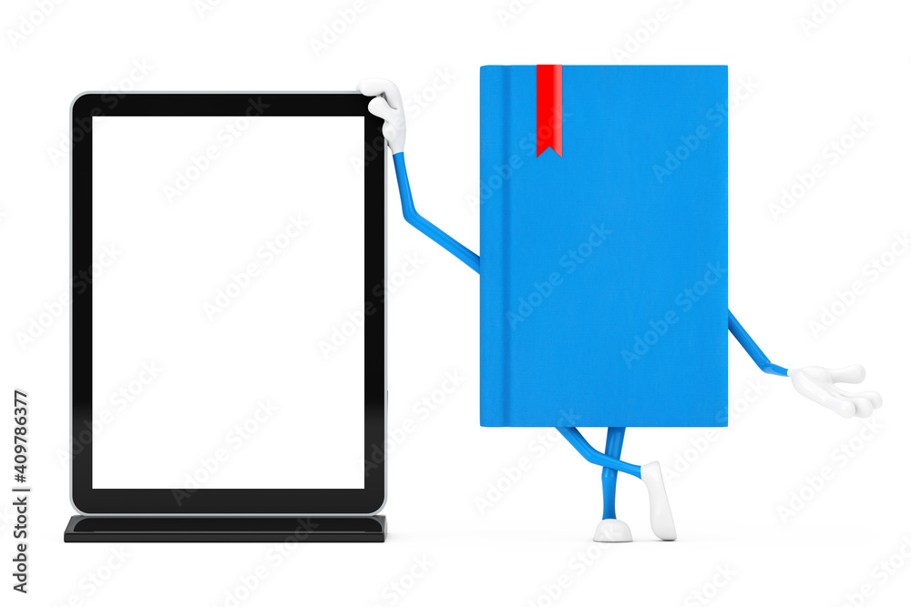 Blue Book Character Mascot with Blank Trade Show LCD Screen Display Stand as Template for Your Design. 3d Rendering Blue Book Character Mascot with Blank Trade Show LCD Screen Display Stand as Template for Your Design. 3d Rendering