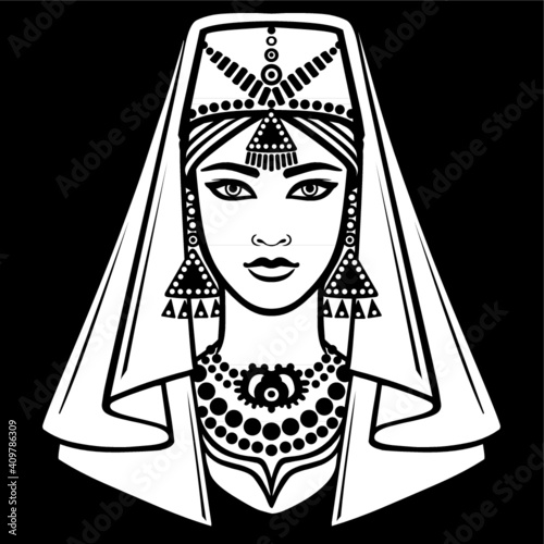 Animation portrait of the Arab  girl in ancient clothes. White drawing isolated on a black background. Vector illustration.