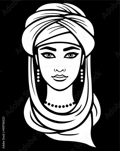 Wallpaper Mural Animation portrait of the Arab woman in a turban. White drawing isolated on a black background. Vector illustration. Torontodigital.ca