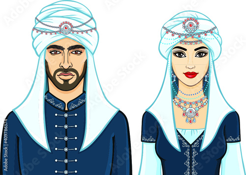 Portrait of an animation Arab family in ancient clothes. The vector illustration isolated on a white background.