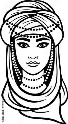 Wallpaper Mural Animation portrait of the young Arab girl in a turban. Linear monochrome drawing isolated on a white background. Vector illustration. Torontodigital.ca