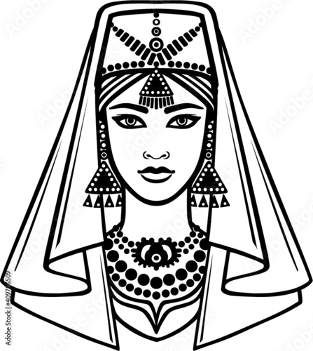 Animation portrait of the Arab girl in ancient dress. Linear monochrome drawing isolated on a white background. Vector illustration.