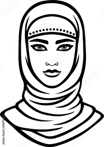 Wallpaper Mural Animation portrait of the Arab woman in a hijab. Linear monochrome drawing isolated on a white background. Vector illustration. Torontodigital.ca