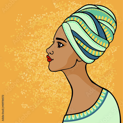 East suntanned girl in a traditional turban. Profile view.