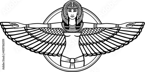 Animation portrait of the ancient Egyptian winged goddess. The linear drawing isolated on a white background. Vector illustration, be used for coloring book.