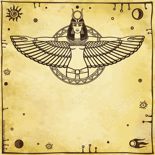 Animation portrait of the ancient Egyptian winged goddess.  Space symbols. Vector illustration. A background - imitation of old paper. The place for the text.