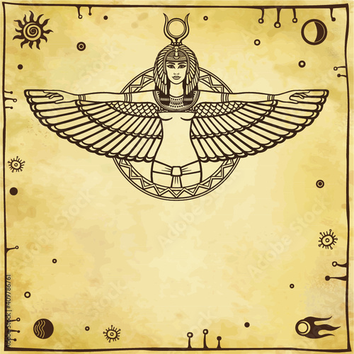 Animation portrait of the ancient Egyptian winged goddess.  Space symbols. Vector illustration. A background - imitation of old paper. The place for the text.