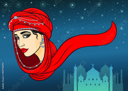 woman's portrait in a turban. A background - the stellar sky.