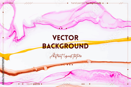 Fluid art texture. Abstract background with iridescent paint effect. Liquid acrylic artwork that flows and splashes. Mixed paints for baner or wallpaper. Pink, white and yellow overflowing colors