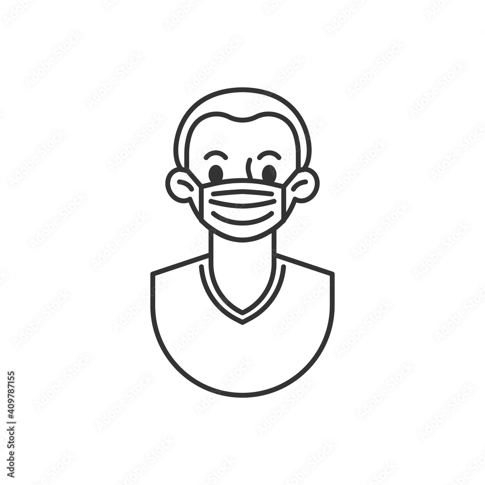 Man in medical mask line icon. linear style sign for mobile concept and web design. Boy wearing medical face mask outline vector icon. Symbol, logo illustration. Vector graphics Man in medical mask line icon. linear style sign for mobile concept and web design. Boy wearing medical face mask outline vector icon. Symbol, logo illustration. Vector graphics