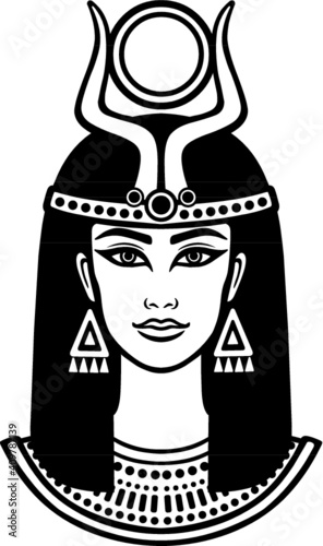 Animation portrait of the ancient Egyptian horned goddess. The linear drawing isolated on a white background. Vector illustration.