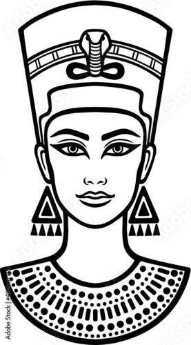 Animation portrait of the beautiful Egyptian woman. Black the white vector illustration isolated on a white background. Print, poster, t-shirt, tattoo.
