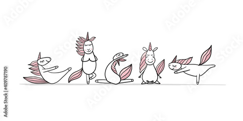 Funny Unicorns doing yoga, sketch for your design