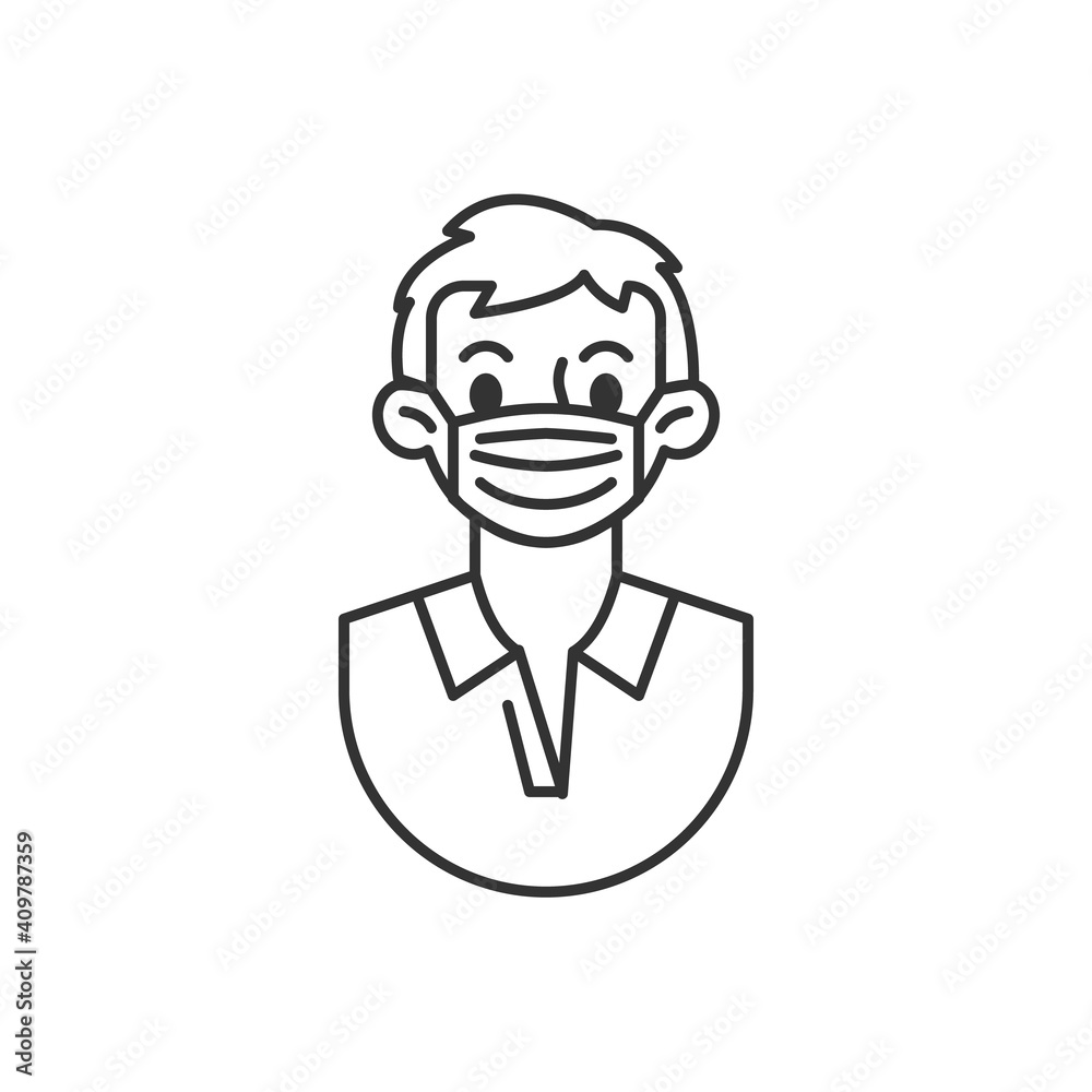 Young man in medical mask avatar line icon. linear style sign for mobile concept and web design. Boy in medical face mask outline vector icon. Symbol, logo illustration. Vector graphics