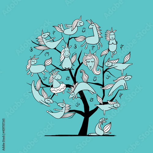 Art Tree with Funny Unicorns doing yoga. Sketch for your design