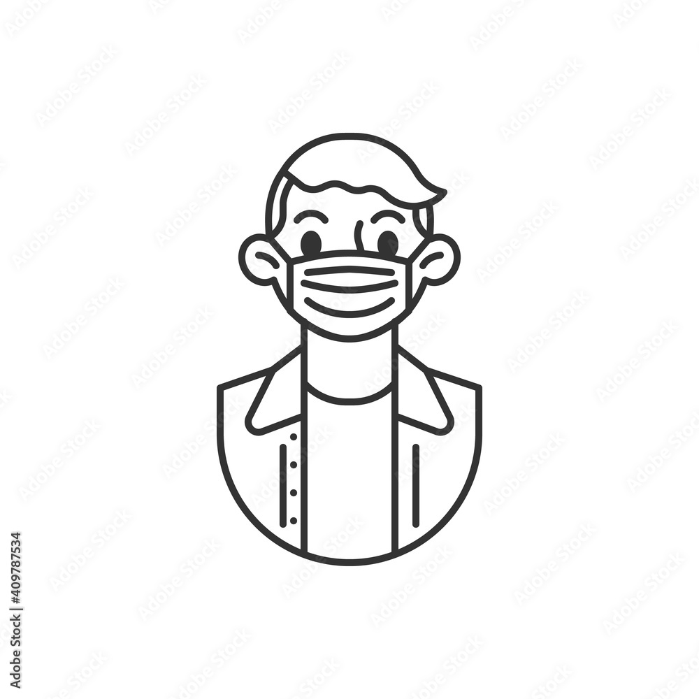 Young person in medical mask line icon. linear style sign for mobile concept and web design. Man face mask outline vector icon. Symbol, logo illustration. Vector graphics Young person in medical mask line icon. linear style sign for mobile concept and web design. Man face mask outline vector icon. Symbol, logo illustration. Vector graphics