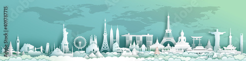 Travel landmarks world with world map background.