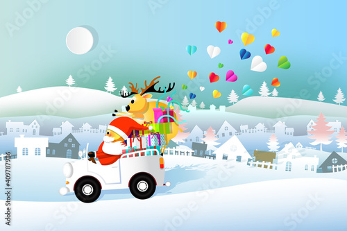 Santa claus and Reindeers drive white car.